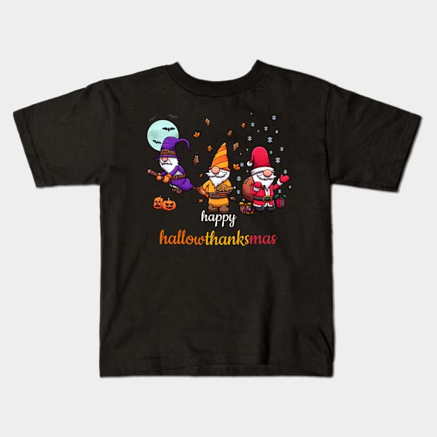 Happy HallowThanksMas Gnomes Kids T-Shirt by TheMaskedTooner